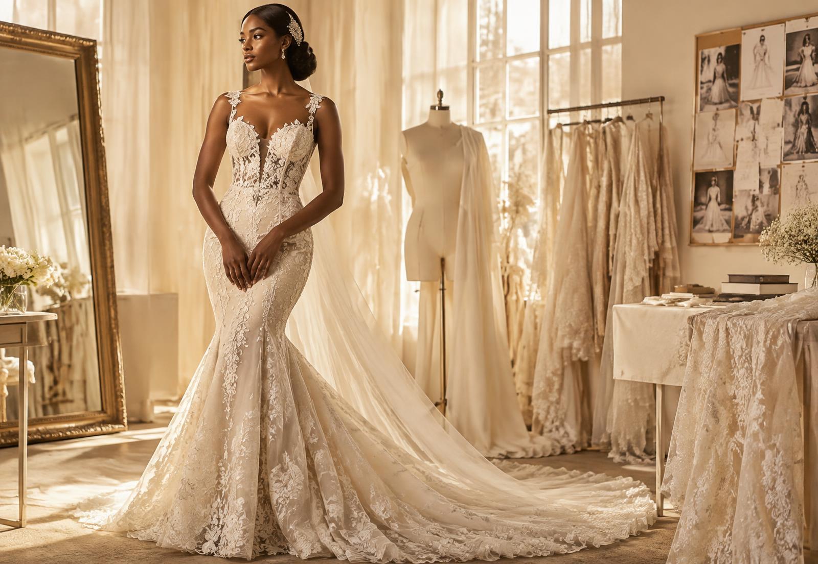 Bride in an ivory lace gown in the SHENELL Designs Bridal atelier